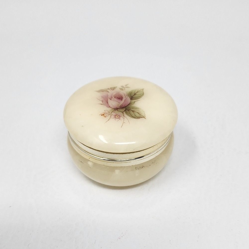 Vintage Alabaster Trinket Box Hand Painted Pink Rose Hinged Round Made in Italy